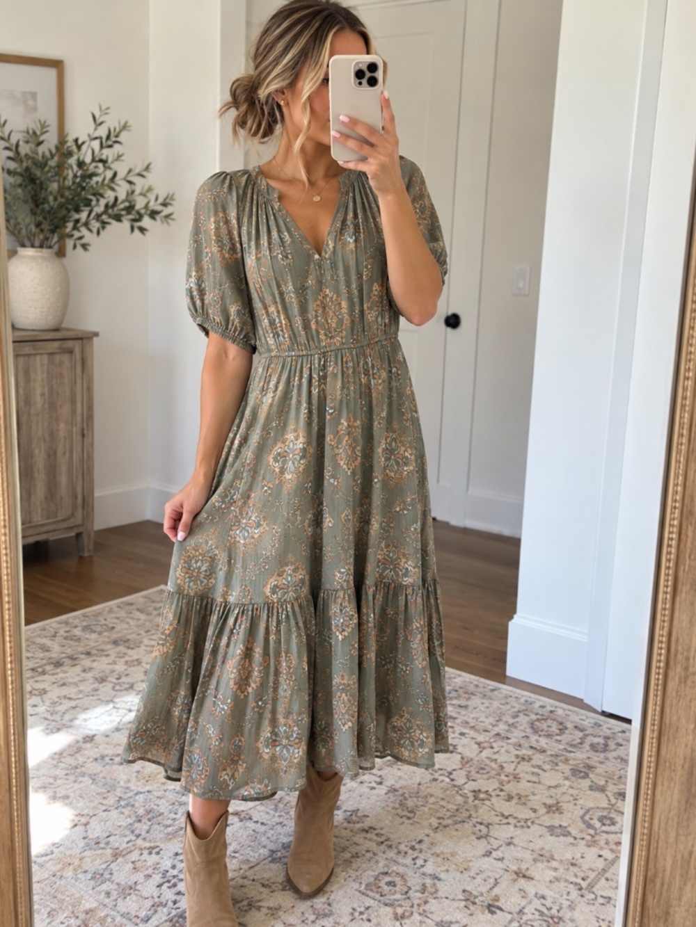 Frye Olive Green Floral Paisley Tiered Midi Dress Size Medium Boho